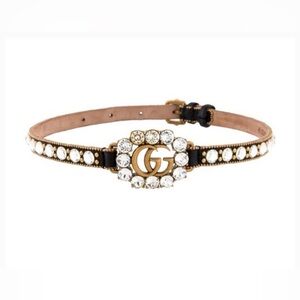 Gucci Calfskin Crystal Embellished Double G Choker Necklace Black